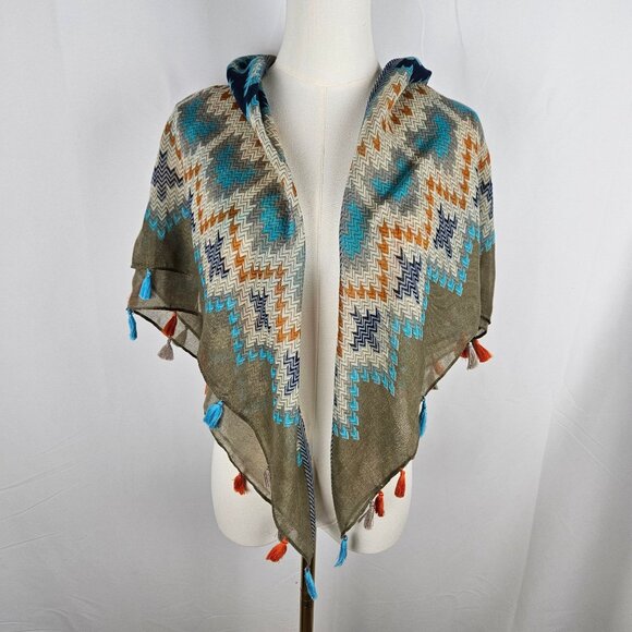 Southwestern Style Multicolor Tassel Shawl Scarf Wrap Blue Tan Aztec Bohemian SW - Picture 3 of 5
